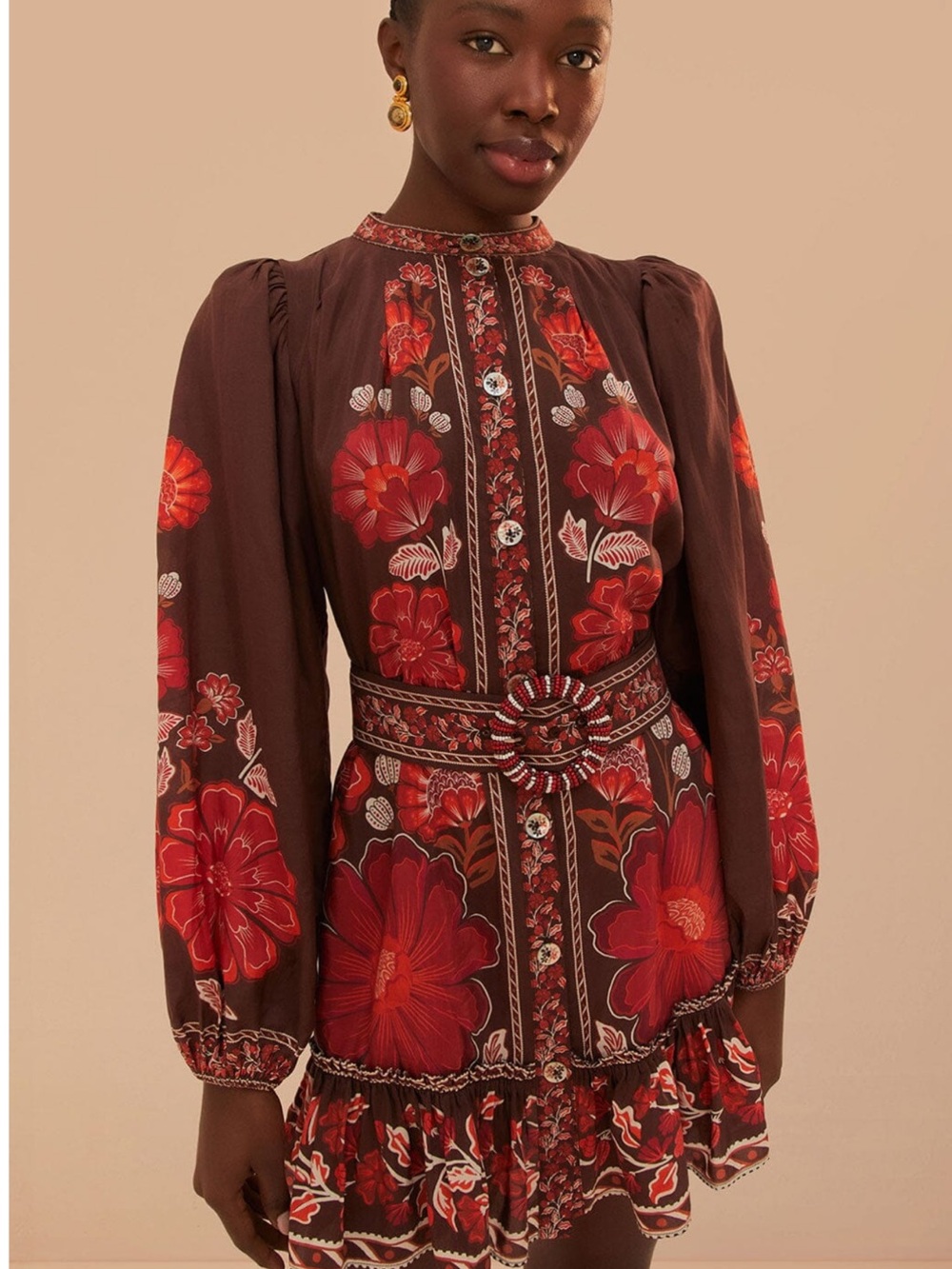 Farm Rio Gigi Tapestry Belted Mini Dress Floral Brown and Red XS